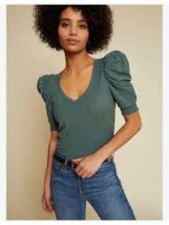 Nation LTD Tops - Nation LTD Celine Puff Sleeve Smocked Tee Pine Green Pima Cotton Size Small